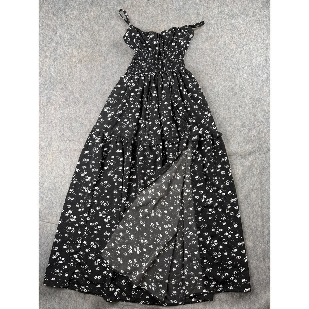 Unbranded Maxi Dress Women M Black Polyester Floral Boho Tiered Slit Smocked